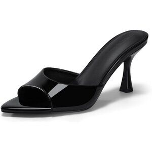 Women's Black Heeled Mules Pointed Peep Toe High Heels Slip On Backless Mule